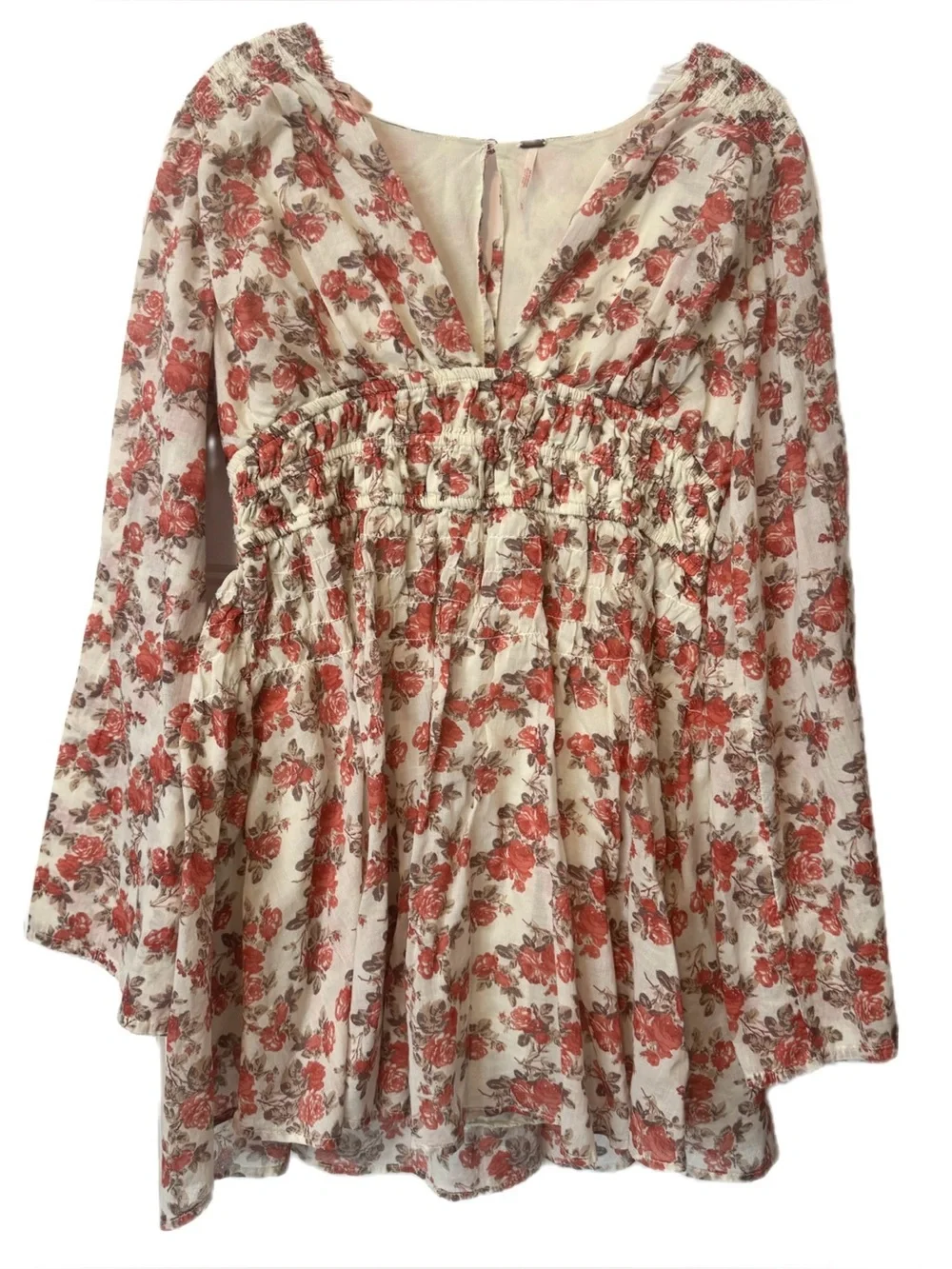 Free People Keep You Floral Smocked Empire Waist Mini Dress Bell Sleeve Boho M
